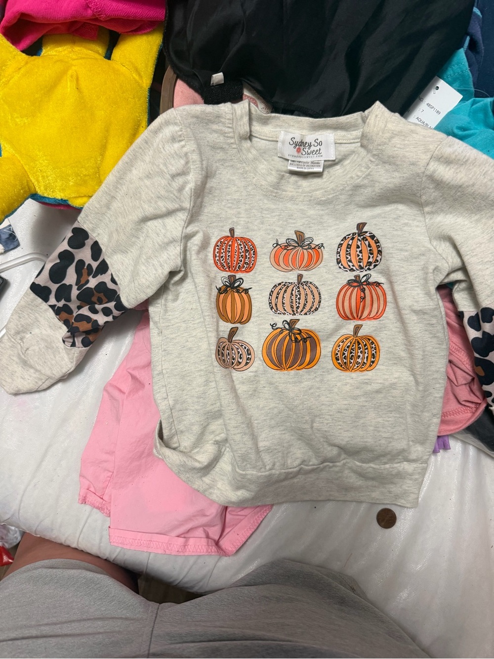 Grey Pumpkin Graphic Pullover with Leopard Accent Sleeves